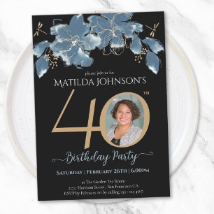 Blue Floral Photo 40th Birthday  Invitation