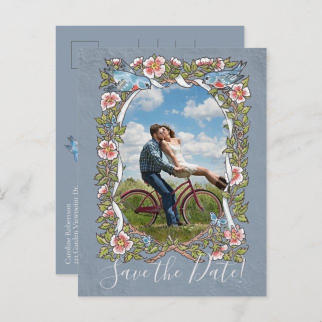 Blue Floral Photo Bird Country Rustic Save Date Announcement Postcard (Front/Back)