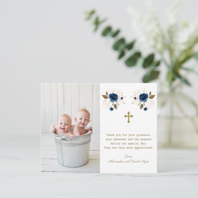 Blue Floral Photo Boys Twins Gold Cross Baptism   Thank You Card (Standing Front)