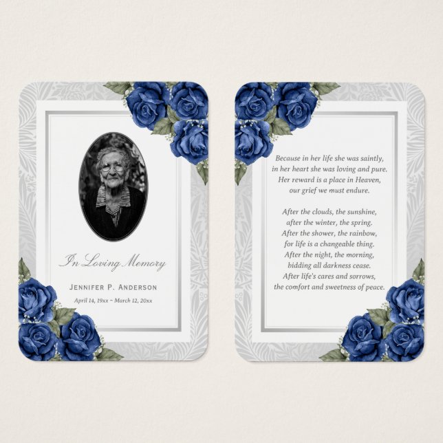 Blue Floral Photo Funeral Prayer Card (Front & Back)