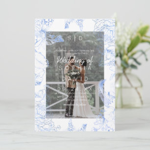 Blue Floral Photo Modern Wedding  Invitation