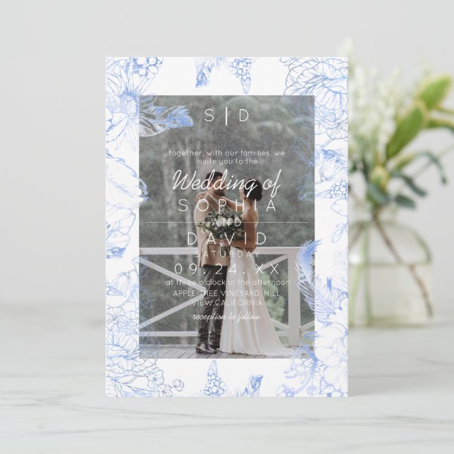 Blue Floral Photo Modern Wedding  Invitation (Standing Front)