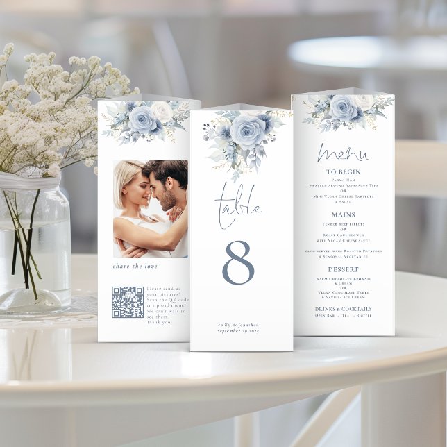 Blue Floral Photo QR Trifold Wedding Menu Table No (Insitu of how it will look once folded)