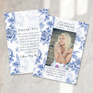 Blue Floral Photo Sympathy Funeral Memorial Thank You Card