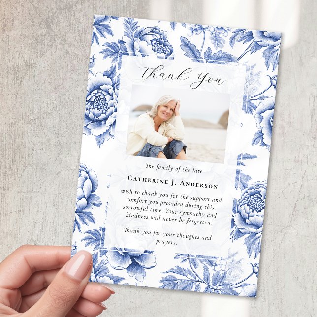 Blue Floral Photo Sympathy Funeral Memorial Thank You Card (Creator Uploaded)
