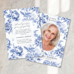 Blue Floral Photo Sympathy Funeral Memorial Thank You Card