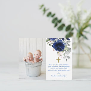 Blue Floral Photo Twins Gold Cross Baptism  Thank You Card