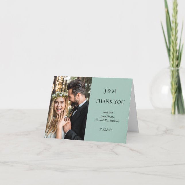 Blue Floral Photo Wedding Thank You Card (Front)