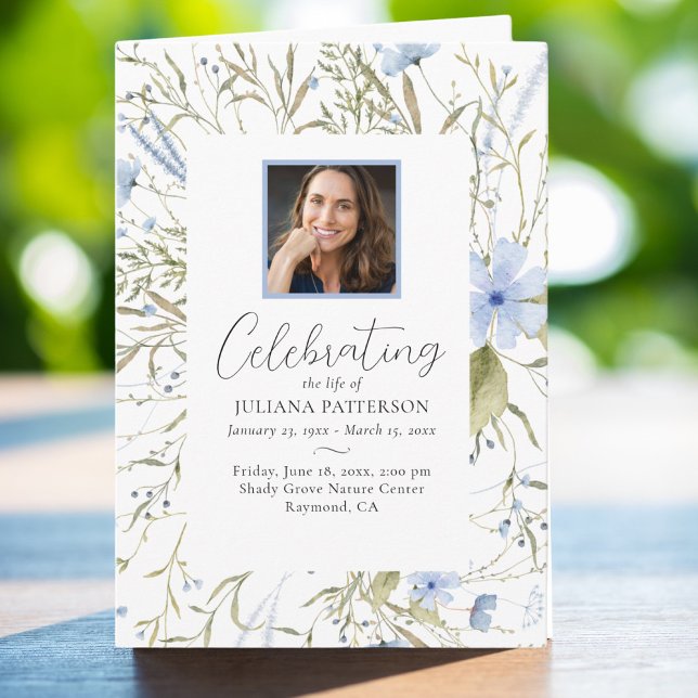 Blue Floral Photos Celebration of Life Funeral Program (Creator Uploaded)