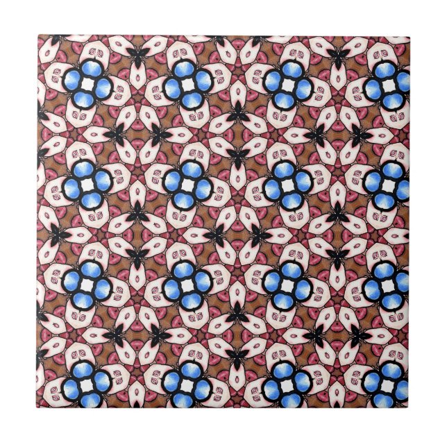 Blue Floral Pink and Brown  Ceramic Tile (Front)