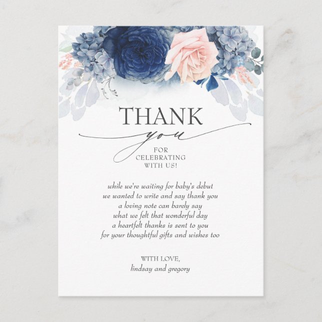 Blue Floral Pink Elegant Baby Shower Thank You Postcard (Front)