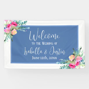 Blue Floral Pink Rosebud Wedding Personalised Banner