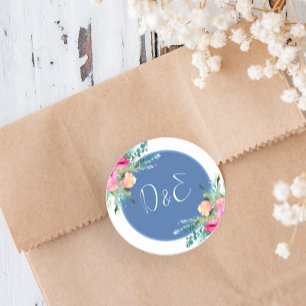 Blue Floral Pink Rosebud Wedding Personalised Classic Round Sticker
