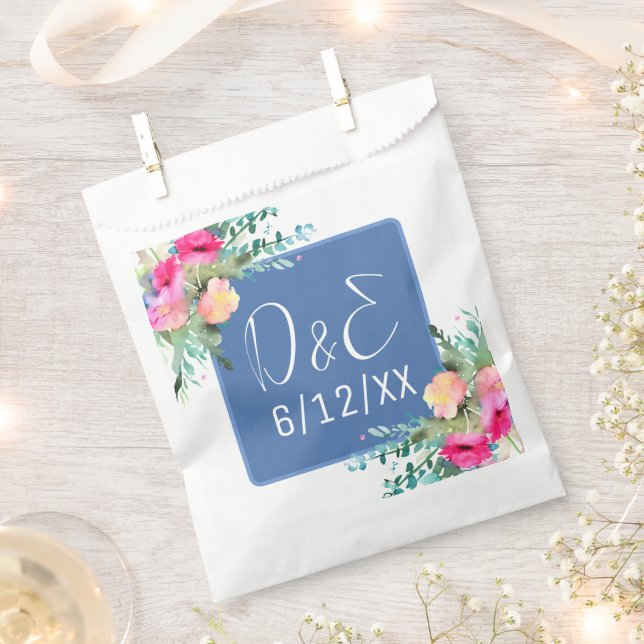 Blue Floral Pink Rosebud Wedding Personalised Favour Bag (Clipped)