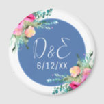 Blue Floral Pink Rosebud Wedding Personalised Magnet<br><div class="desc">Personalised wedding reminder magnet with couple's initials with pretty pink floral accents and blue centre with white font. Elegant floral wedding theme.</div>