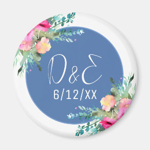 Blue Floral Pink Rosebud Wedding Personalised Magnet