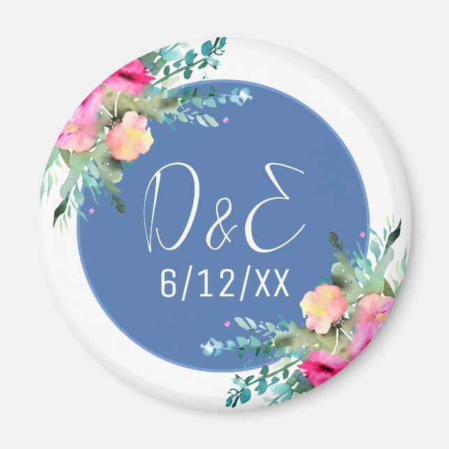Blue Floral Pink Rosebud Wedding Personalised Magnet (Front)