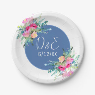 Blue Floral Pink Rosebud Wedding Personalised Paper Plate