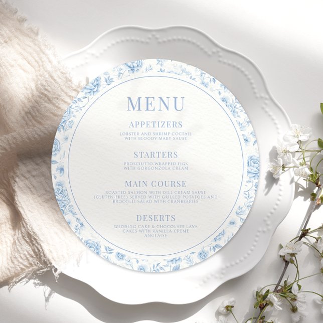 Blue floral porcelain chinoiserie wedding round menu (Creator Uploaded)