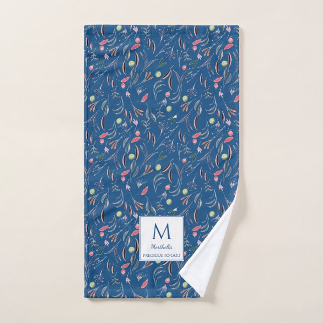 Blue Floral PRECIOUS TO GOD Monogram Hand Towel (Hand Towel)