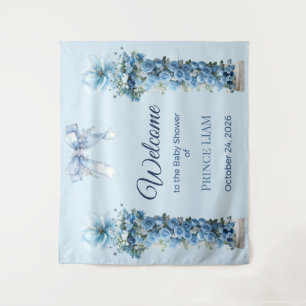 Blue Floral Prince Liam Baby Shower Backdrop Tapestry