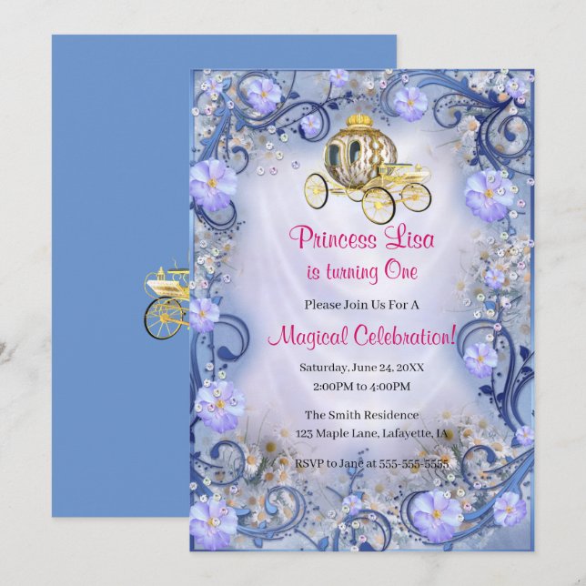 Blue Floral Princess Enchanted 1st Birthday Invitation (Front/Back)