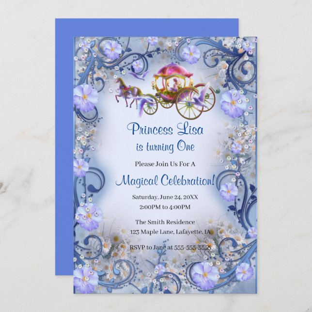 Blue Floral Princess Fairy Tail 1st Birthday Invitation (Front/Back)