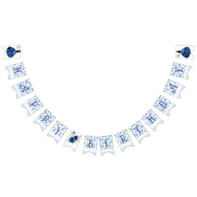Blue Floral Princess Girl Birthday Party Bunting (All)