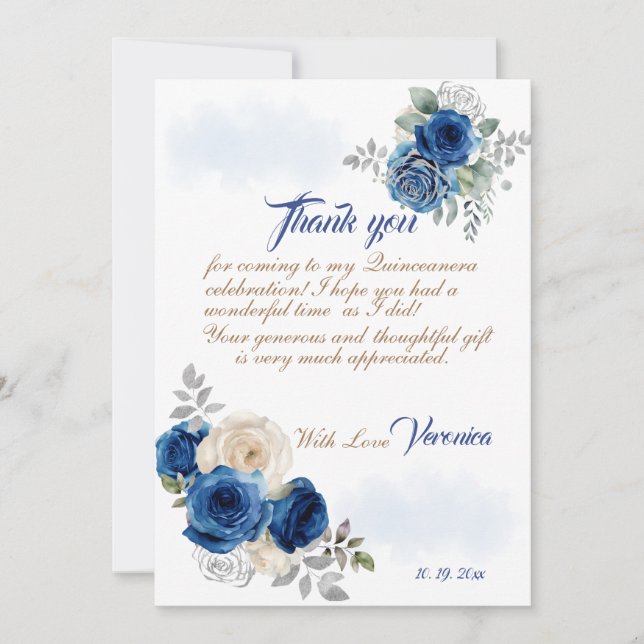 Blue Floral Princess Girl Birthday Party Thank You Card (Front)