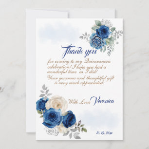 Blue Floral Princess Girl Birthday Party Thank You Card