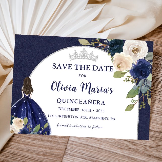 Blue Floral Princess Quinceañera Save The Date (Creator Uploaded)
