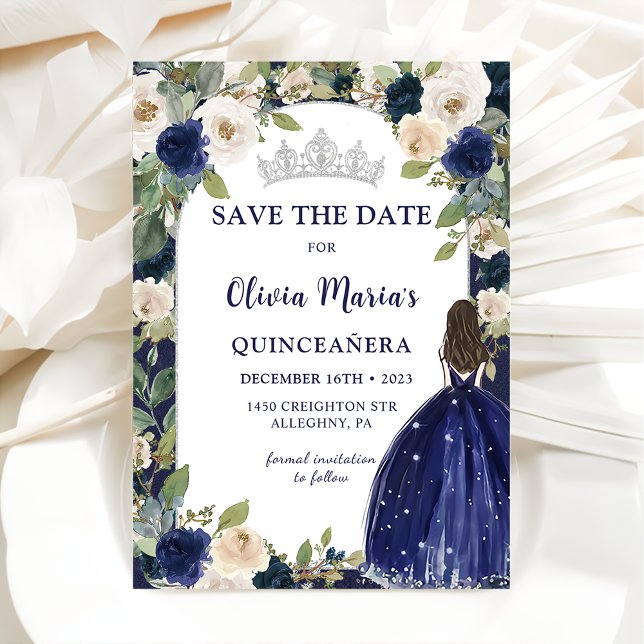 Blue Floral Princess Quinceañera Save The Date (Creator Uploaded)