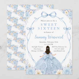 Blue Floral Princess Sweet Sixteen Birthday Party Invitation
