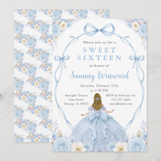 Blue Floral Princess Sweet Sixteen Birthday Party Invitation