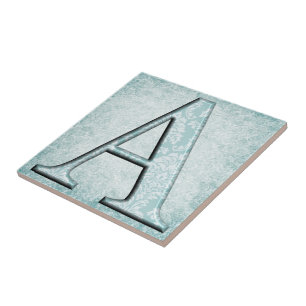 Blue Floral Print A monogram initials Gifts Ceramic Tile