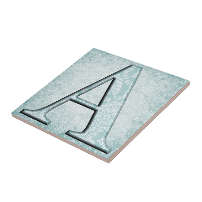 Blue Floral Print A monogram initials Gifts Ceramic Tile (Side)