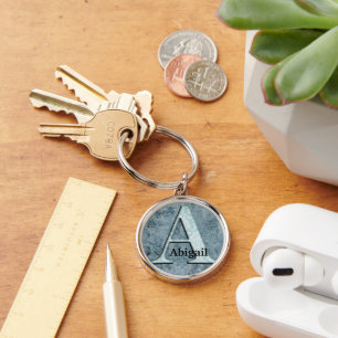 Blue Floral Print A monogram initials Gifts Key Ring