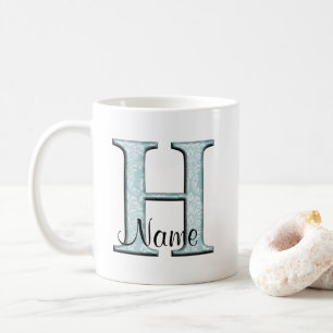 Blue Floral Print H monogram initials Coffee Mug