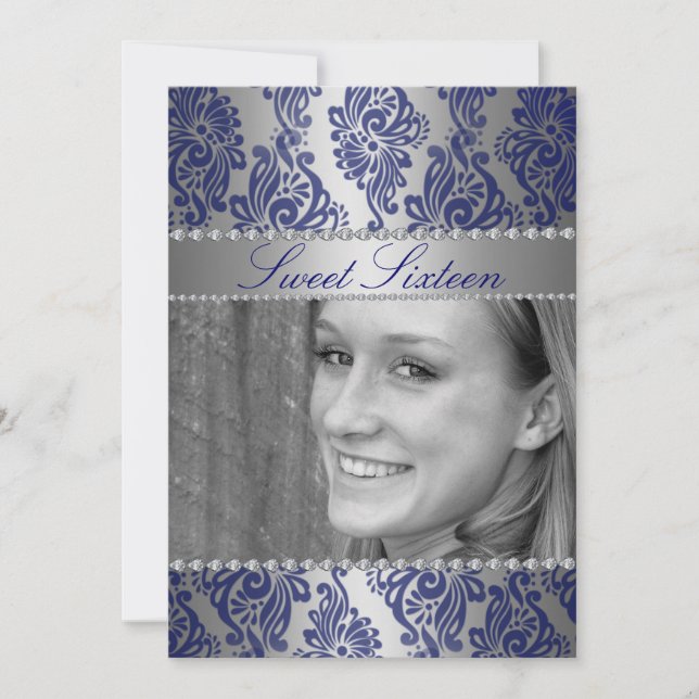 Blue Floral Print Photo Sweet 16 Birthday invite (Front)