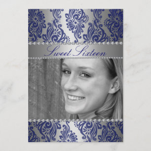 Blue Floral Print Photo Sweet 16 Birthday invite