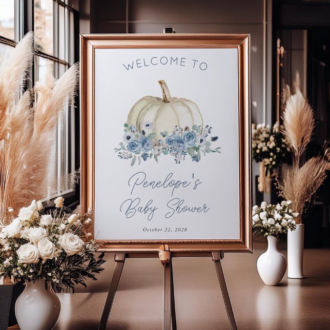 Blue Floral Pumpkin Autumn Baby Shower Welcome  Poster (Creator Uploaded)