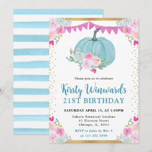 Blue Floral Pumpkin Fall 21st Birthday Invitation