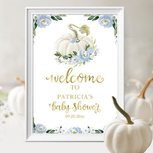 Blue Floral Pumpkin Fall Baby Shower Welcome Sign 