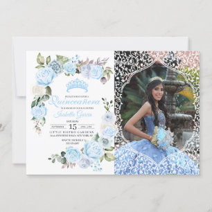 Blue Floral Quinceanera Birthday Photo Invitatio I Invitation