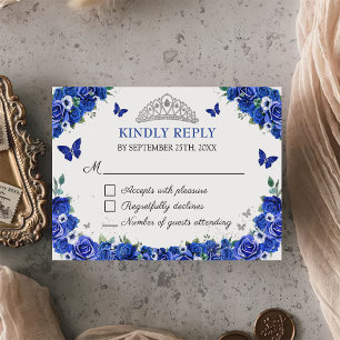 Blue Floral Quinceañera Butterflies RSVP Card