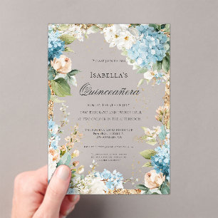 Blue Floral Quinceañera Elegant Celebration 15  Acrylic Invitations