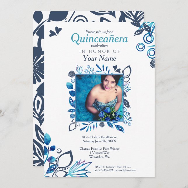 Blue Floral Quinceañera Invitation (Front/Back)