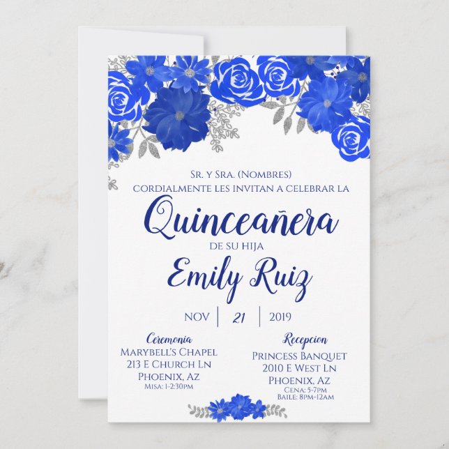 Blue Floral Quinceañera Invitation In Spanish (Front)