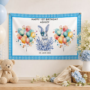 Blue Floral Rabbit 1st Birthday for Kids Banner