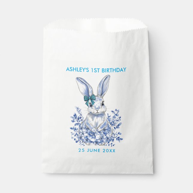  Blue Floral Rabbit 1st Birthday for Kids Favour Bag (Front)